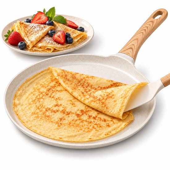 Hakal crêpepan van 28 cm in crème kleur met houtlook handgreep