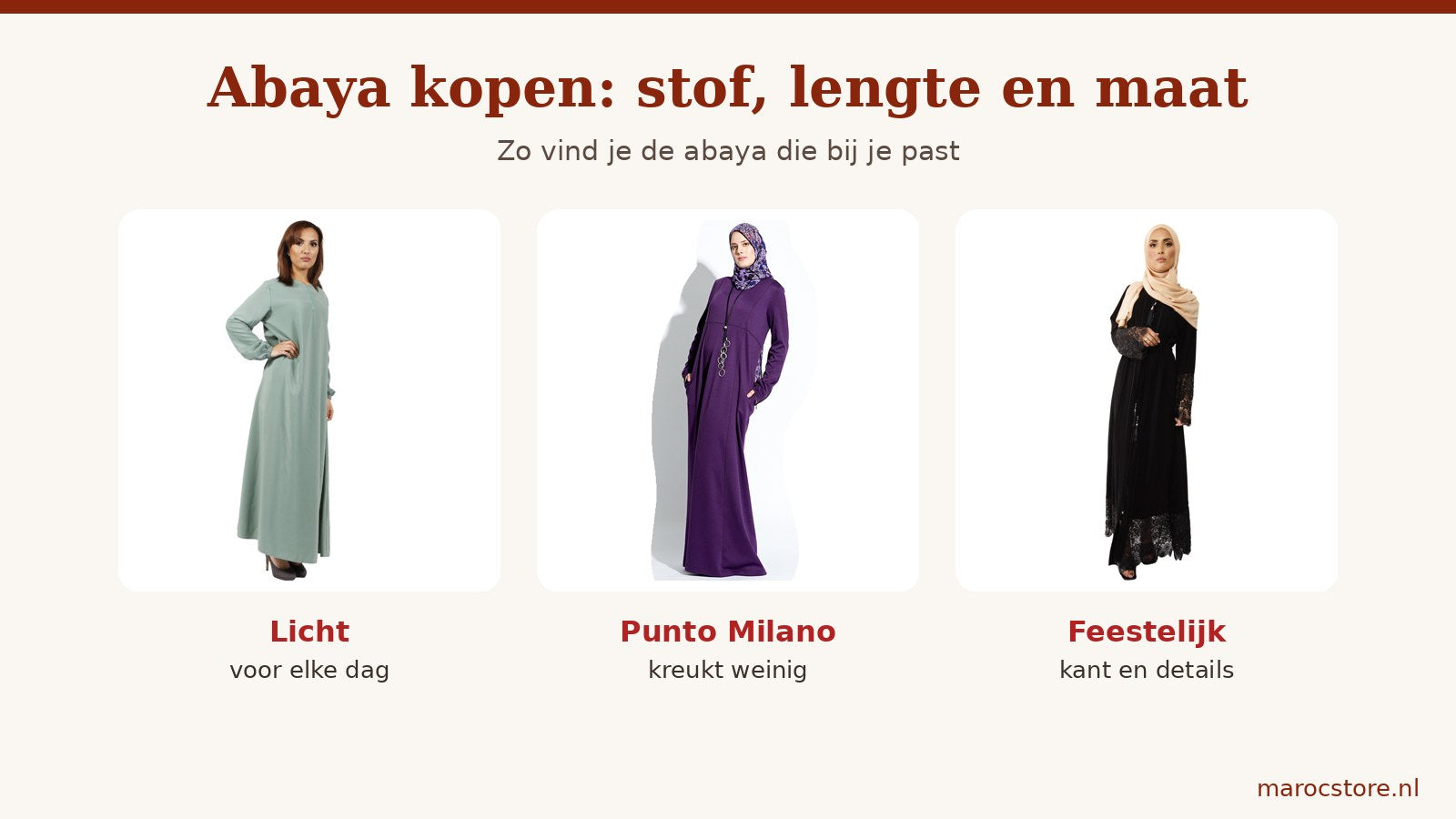 Drie abaya's naast elkaar: een lichte mintgroene abaya voor elke dag, een paarse abaya van Punto Milano en een zwarte feestelijke abaya met kant