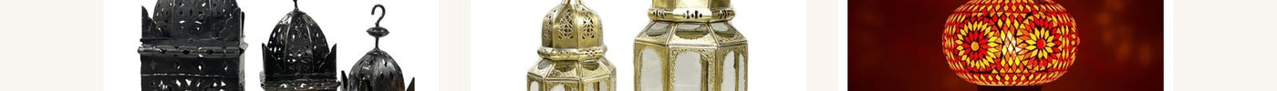 Een zwarte ijzeren Marokkaanse lantaarn, een messing lantaarn met glas en een kleurrijke oosterse mozaïek hanglamp naast elkaar
