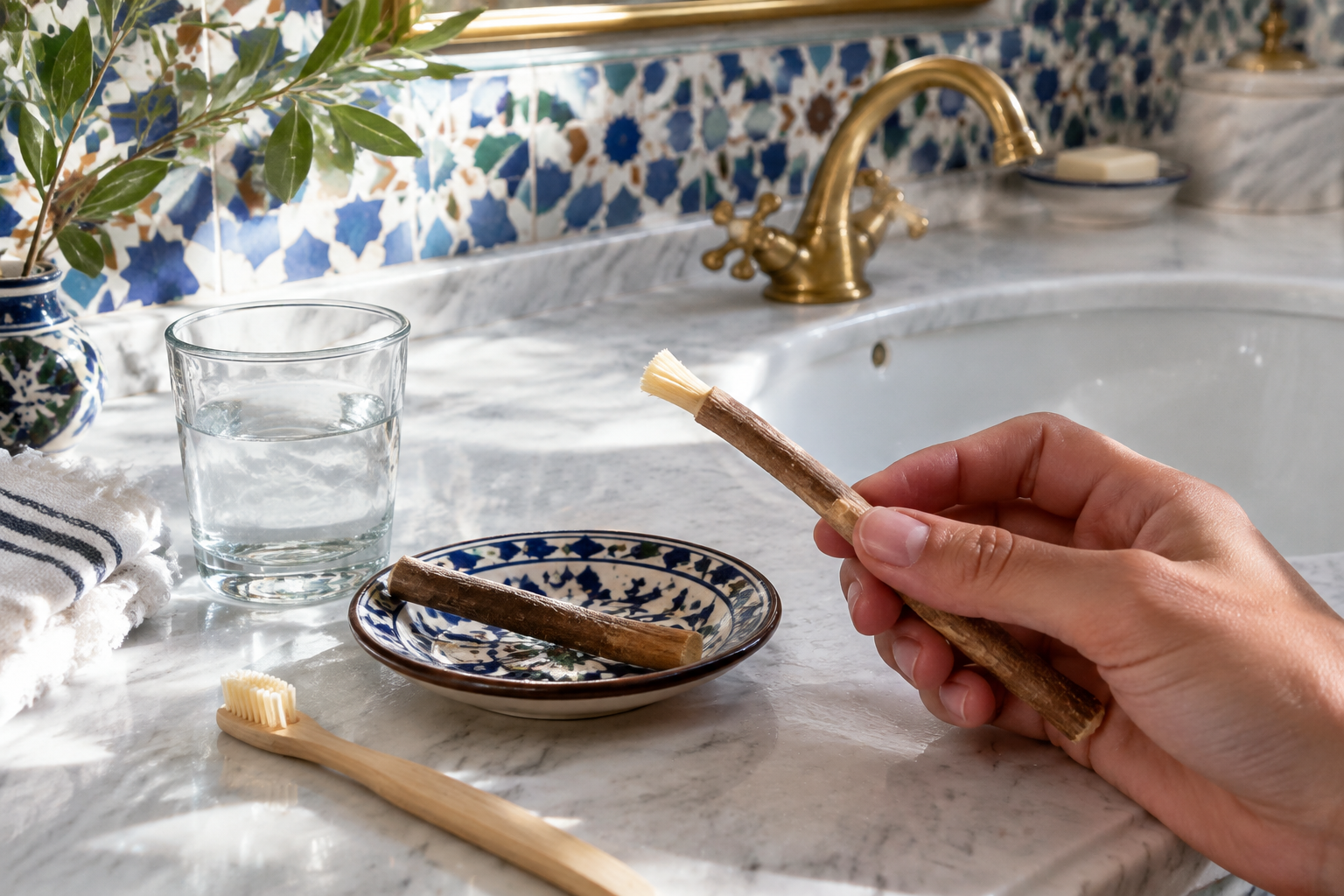 Siwak stokje in gebruik aan de wastafel, met een glas water en het stokje op een marokkaans schaaltje