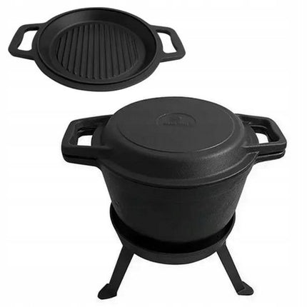 Kinghoff KH1733 Set de casseroles de camping en fonte - 3-en-1 - 8 Litres - Adapté au feu, à la plaque de cuisson et au four - Incl. couvercle-gril et support - Camping