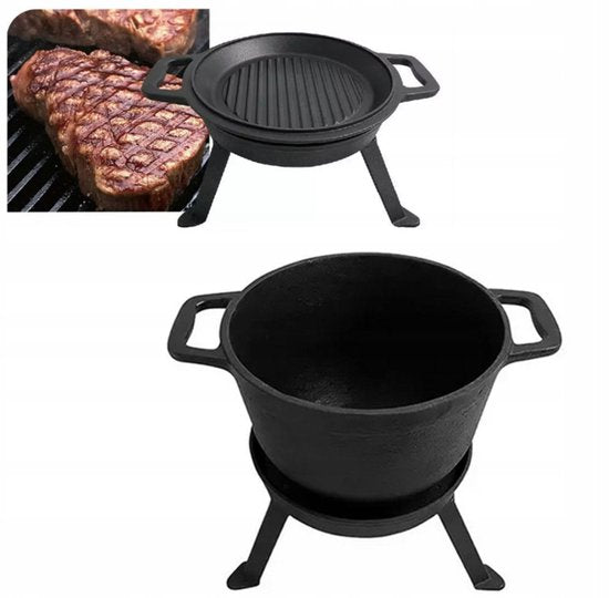 Kinghoff KH1733 Set de casseroles de camping en fonte - 3-en-1 - 8 Litres - Adapté au feu, à la plaque de cuisson et au four - Incl. couvercle-gril et support - Camping