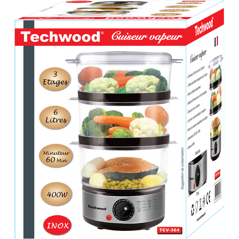 TECHWOOD FOOD STEAMER - 3 Steaming Bowls - 6 Liters