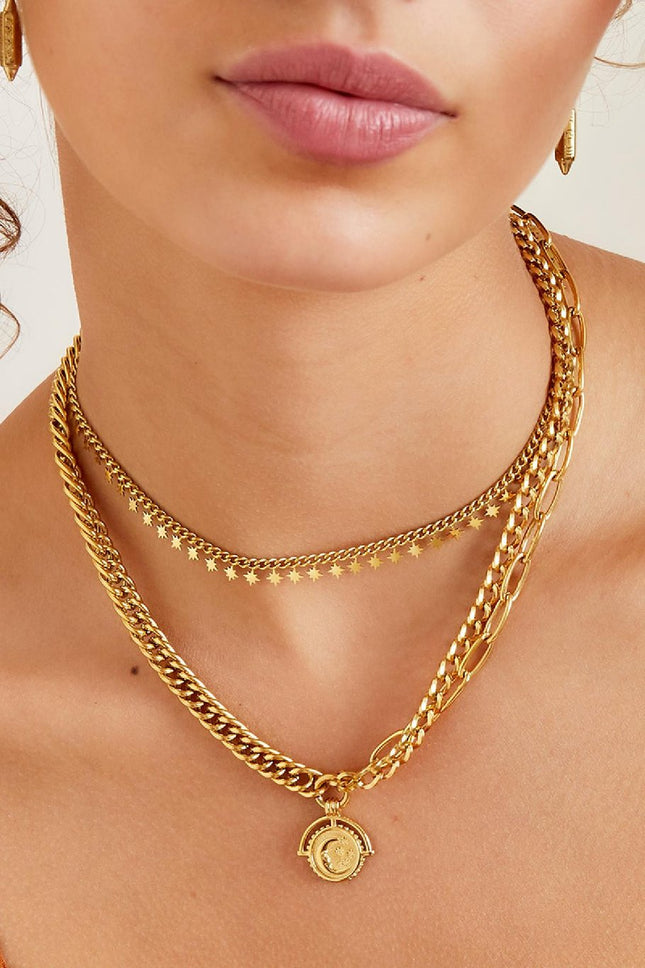 Edelstalen Ketting met Noordster Hangers – Fonkelende Sterren – Goudkleurig – 35 cm