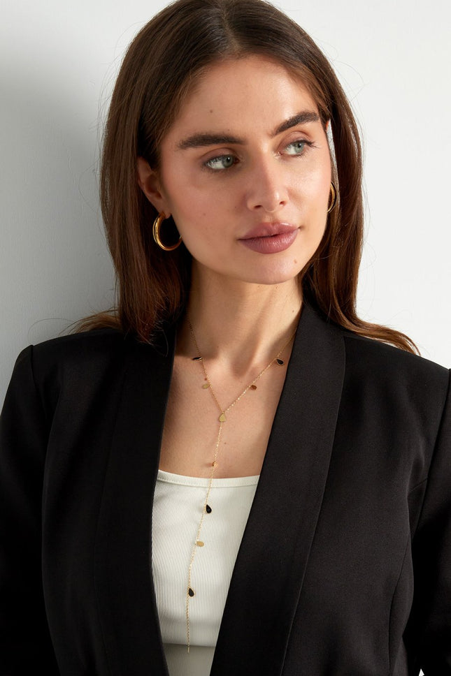 Long collier goutte en émail – Doré avec gouttes noires – 45 cm (+5 cm réglable) – Acier inoxydable