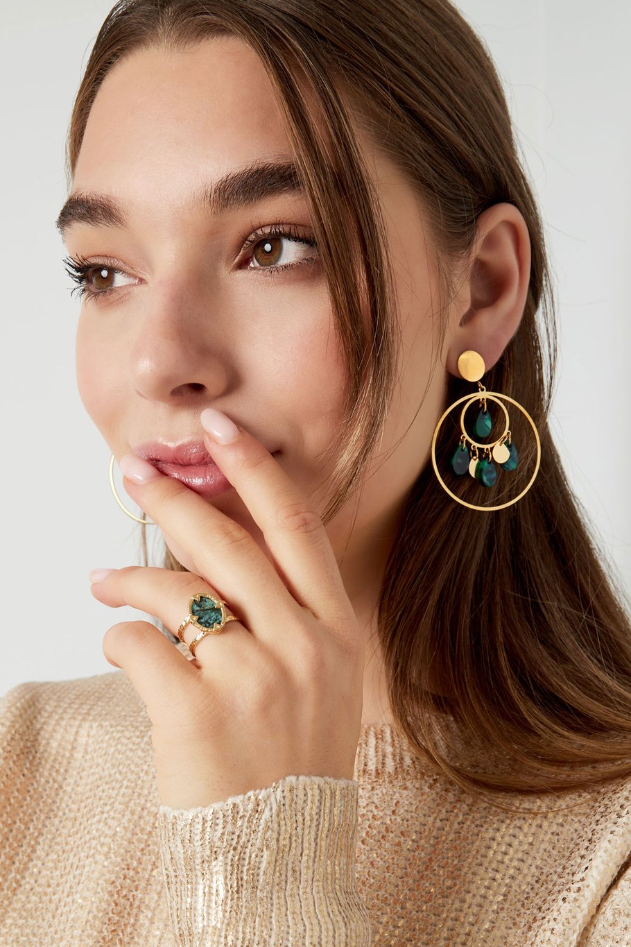 Gold Ring with Green Stone – Natural Stone – Trendy Stainless Steel Jewelry – One Size Adjustable – Chic Ring –