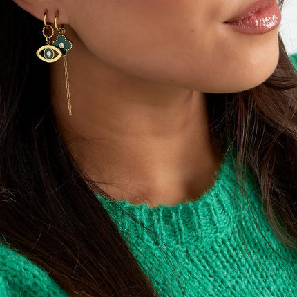 Set de 2 Boucles d'oreilles Œil - Doré avec Émail Vert & Strass Argentés - 1,8 x 3,0 cm