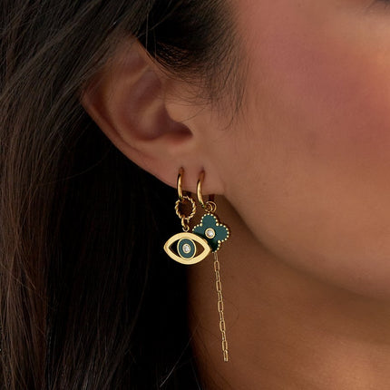 Set de 2 Boucles d'oreilles Œil - Doré avec Émail Rose & Strass Argentés - 1,8 x 3,0 cm