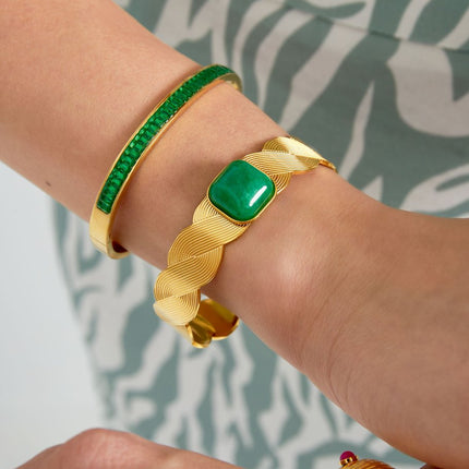 Bracelet Bohème – Acier Inoxydable Doré avec Pierre Verte – Bijou Unisexe Robuste