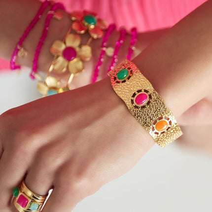 Bracelet Bohème - Acier Inoxydable Doré avec 3 Pierres (Vert, Rose, Orange) - 1,8 cm x 5 cm