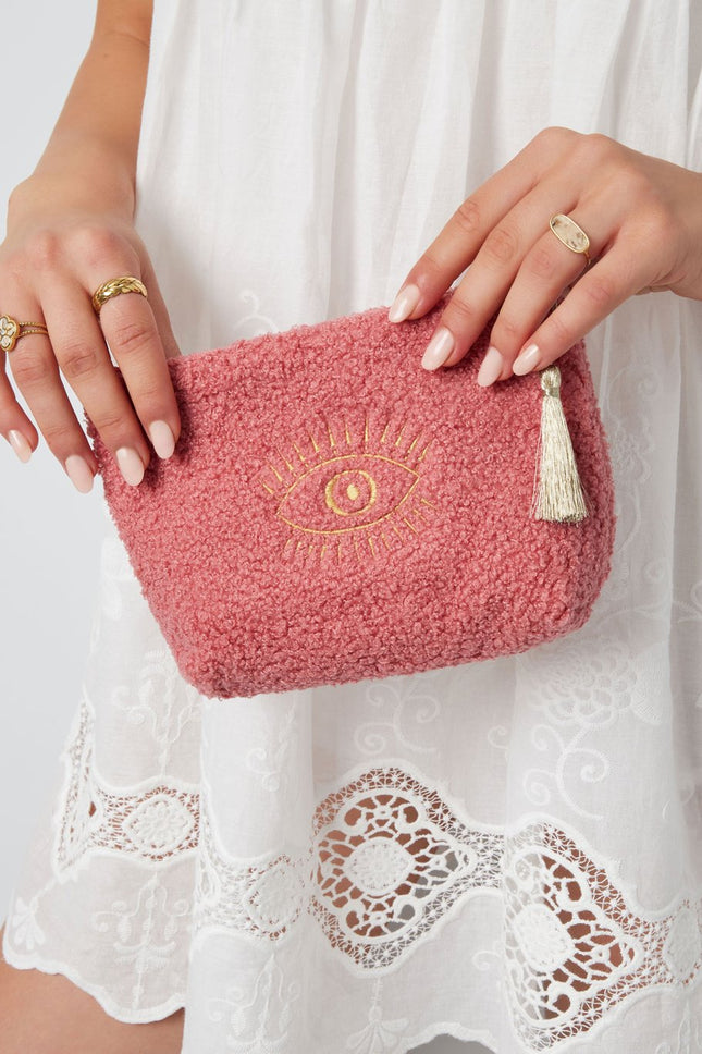 Make-up Tas met Gouden Oog – Roze Toilettas – 19,5x13,5x5,5 cm – Polyester – Sieradentas of Schminktas – Met Rits – Uniek Cadeau