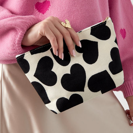 Trousse de maquillage avec cœurs - Trousse de toilette rouge - Blanche avec cœurs noirs - 25x16x17,5 cm - 100% Polyester