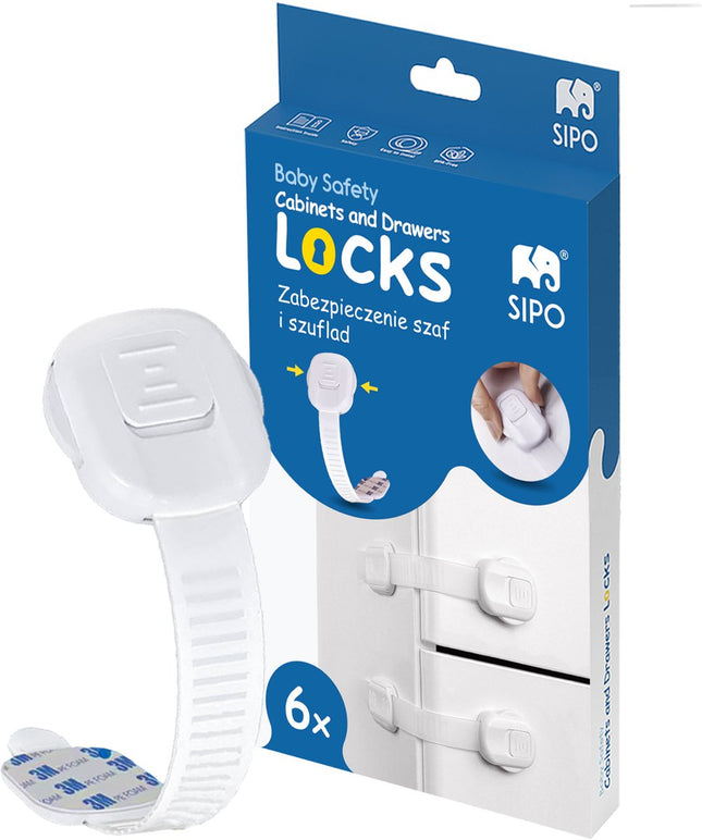 SIPO Sécurité Armoire - Set 6 Pièces Fermeture Réglable pour Armoires et Tiroirs - Sécurité Enfant - SBS-218 - Verrou Bébé - Verrou Enfant - Verrou d'Armoire pour Enfants - Réglable 8 à 19.3cm