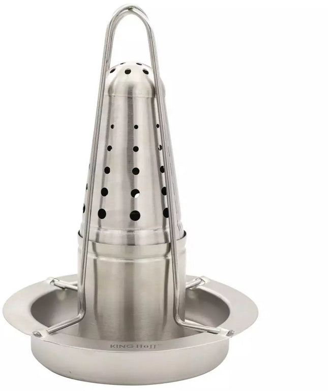Kinghoff KH1880 - Support de rôtissage de poulet en acier inoxydable - Support de gril avec porte-épices - Convient pour le four, le barbecue et le feu de camp - Ø18 cm, Hauteur 23 cm - Grille à poulet - Support à poulet