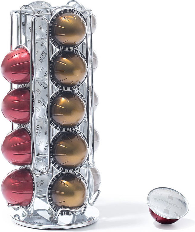 Distributeur/support de dosettes/capsules de café rotatif argenté 20 tasses - Support/présentoir de dosettes de café - Support métallique pour dosettes Nespresso