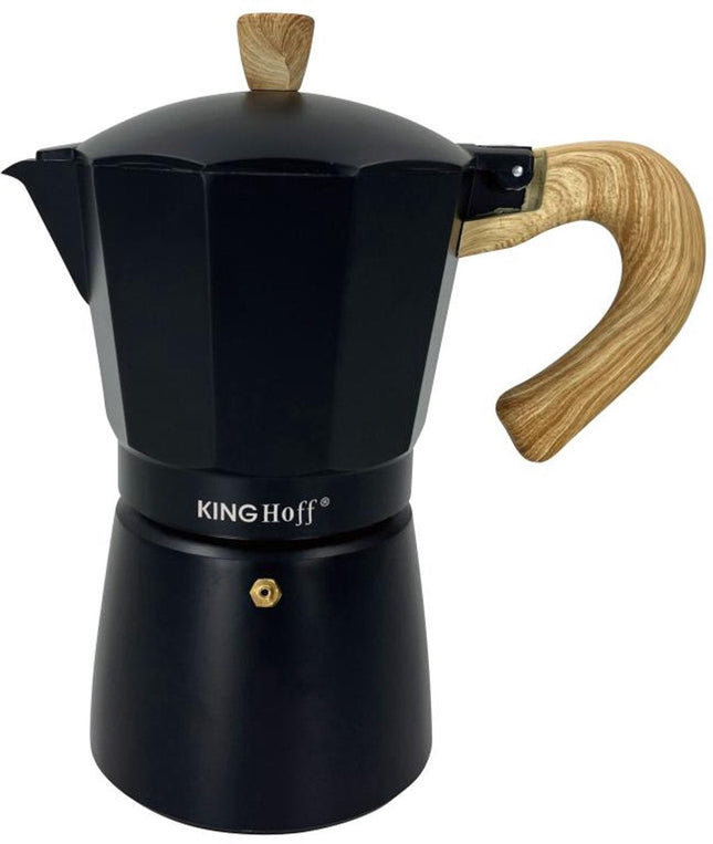 Kinghoff Cafetière Expresso en Aluminium KH-1886 – 6 Tasses – Noir avec Poignée en Bois – Compatible Induction - 300ml - Percolateur