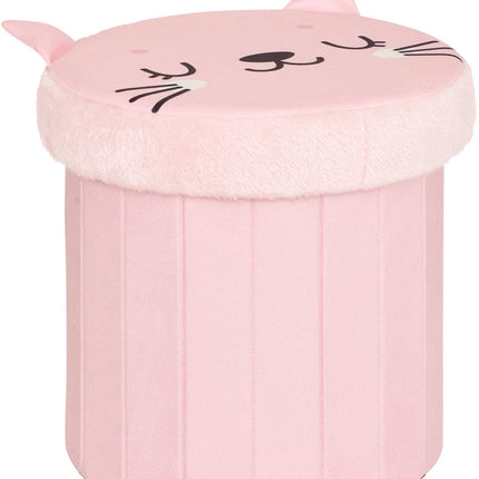Atmosphera Pouf Pliant Chat - Coffre de Rangement - Ø30xH38cm - Rose