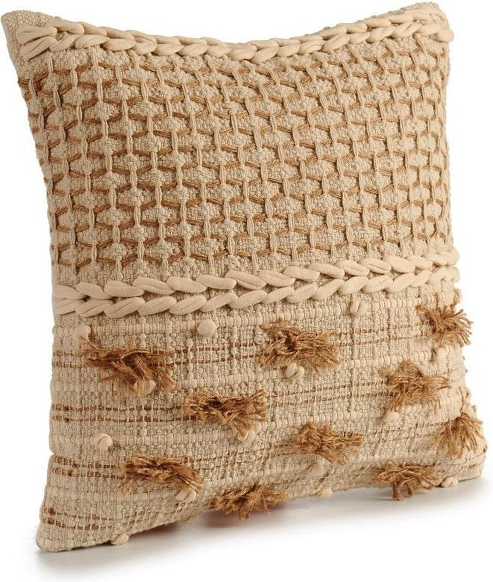 Decorative beige knitted cushion with patterns and cotton tassels in beige and brown. Dimensions 45 x 15 x 45 cm