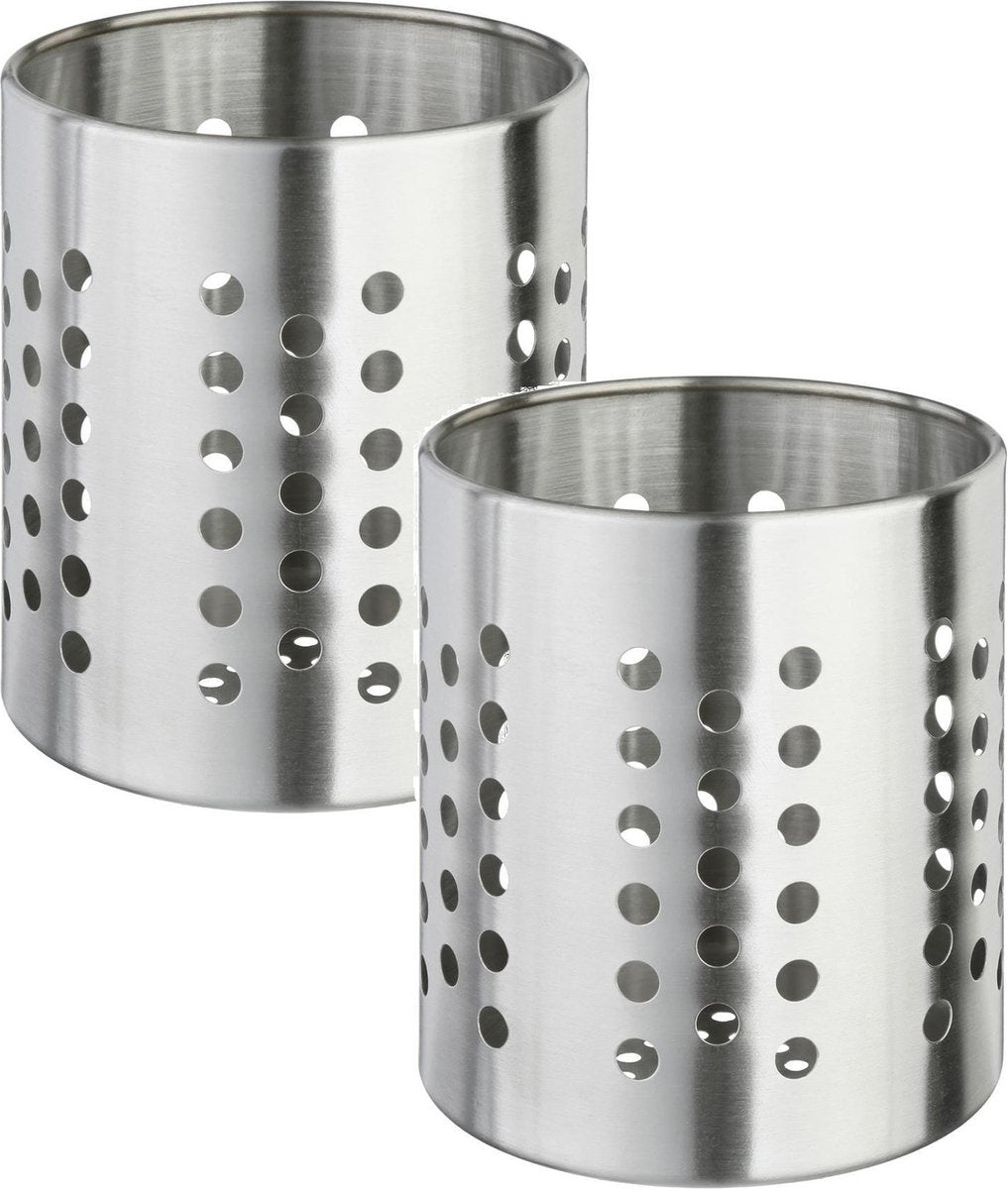 Set aus 2x runden Küchenutensilienhaltern, silber, 13,5 cm, aus Edelstahl - Küchenutensilienhalter - Schöpfkellenhalter - Pfannenwenderhalter
