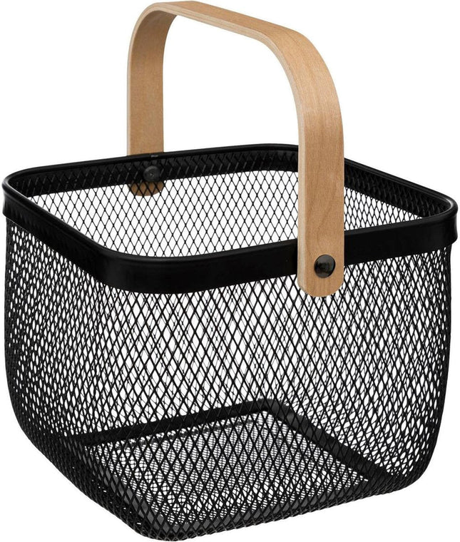 5Five corbeille fil/coupe à fruits Maya - carrée - noire - 26 x 26 x 18 cm - métal/bois - panier de cuisine