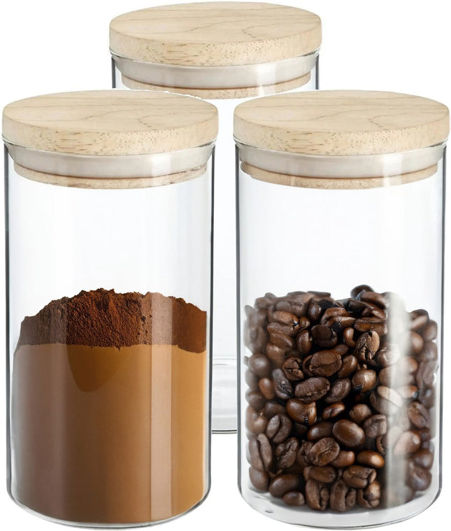 Lot de 3 bocaux/pots de conservation 1L en verre avec couvercle en bois - 1000 ml - Pots de conservation avec couvercle hermétique