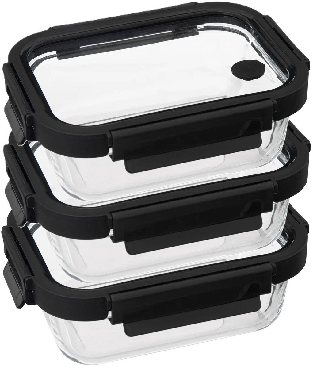 5Five Vershoudbakje met deksel - 3x - glas - luchtdicht - met clips - 19 x 14 x 7 cm - 500 ml - zwart / transparant
