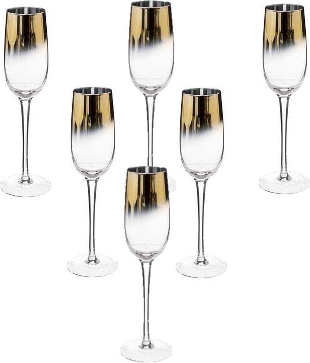 Secret de Gourmet Champagneglazen/flutes Arya - 6x stuks goud/transparant - glas - 210 ml