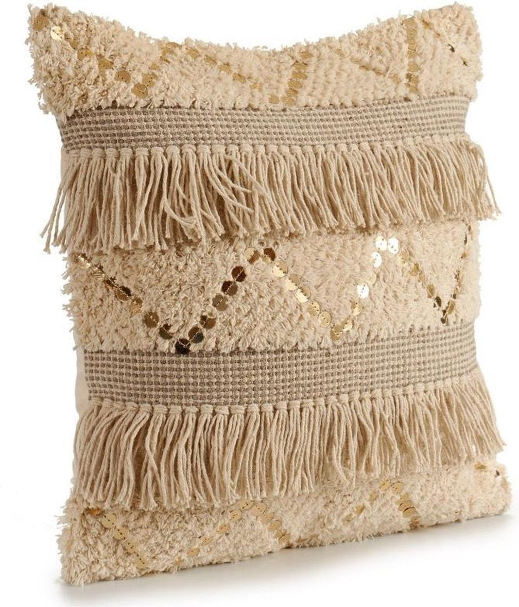Beige knitted decorative cushion with beige and white cotton patterns. With sequins and fringes. Dimensions 45 x 15 x 45 cm