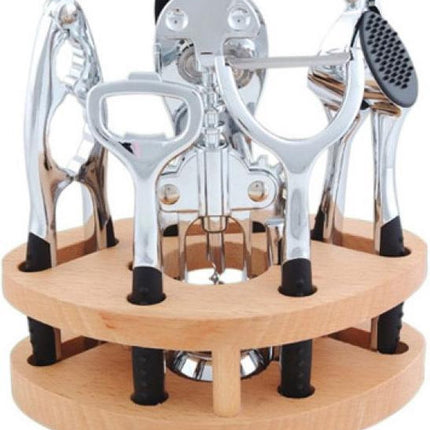 Idée cadeau - Batterie de cuisine KINGHOFF LUXE 7 pièces - éplucheur, casse-noix, tire-bouchon, ouvre-bouteille, ouvre-boîte, presse-ail, support en bois - passe au lave-vaisselle.