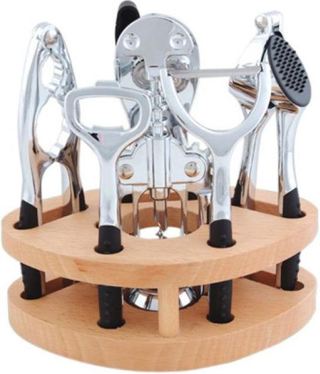 Gift idea - KINGHOFF LUXURY 7-piece kitchen utensil set - peeler, nutcracker, wine opener, bottle opener, can opener, garlic press, wooden stand - dishwasher safe.