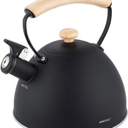 Bouilloire KINGHoff 2.5 Litres – Acier Inoxydable – Compatible Induction – Noir Mat avec Poignée en Bois – Design Minimaliste – KH-1999