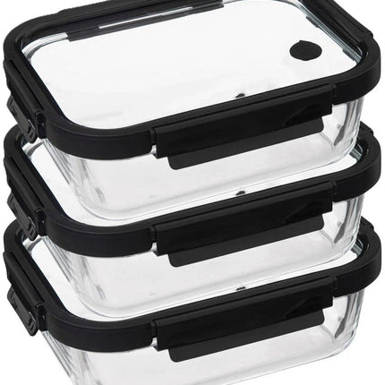 5Five Boîte de conservation avec couvercle - 3x - verre - hermétique - avec clips - 23 x 18 x 8 cm - 1300 ml - noir/transparent