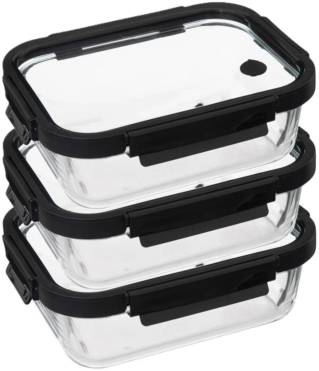 5Five Food storage container with lid - 3x - glass - airtight - with clips - 23 x 18 x 8 cm - 1300 ml - black / transparent