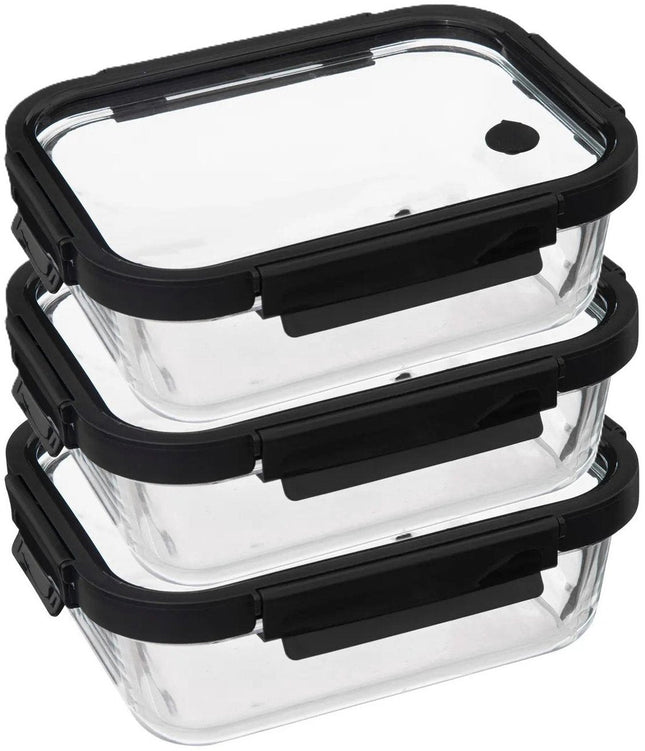 5Five Boîte de conservation avec couvercle - 3x - verre - hermétique - avec clips - 23 x 18 x 8 cm - 1300 ml - noir/transparent