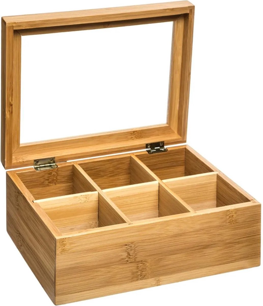 Theedoos van bamboe met 6 vakken – theekist voor theezakjes, 22 x 15,5 cm