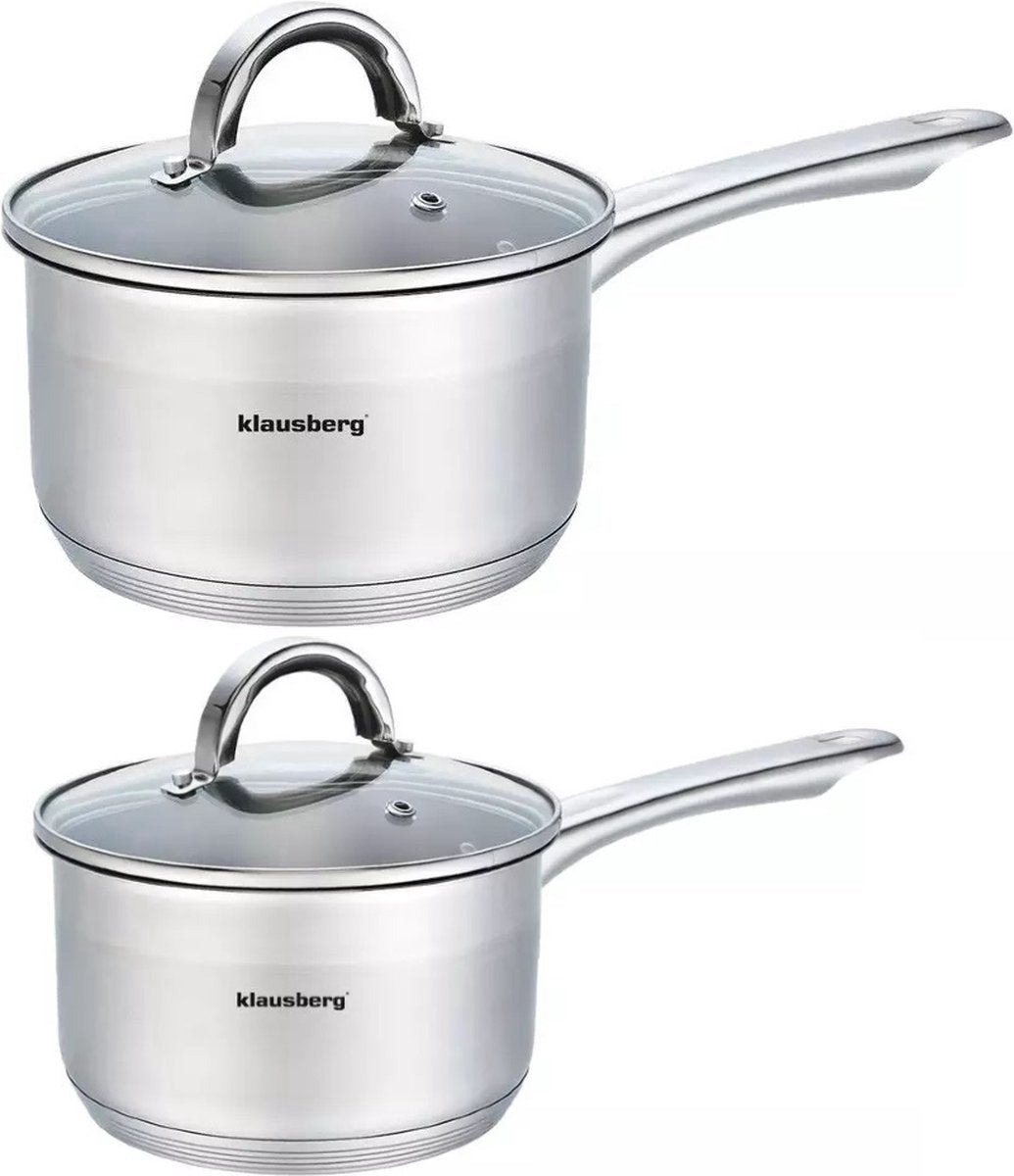 2 x Stieltopf / Kasserolle - Stieltopf mit Glasdeckel - Ø14 und Ø16 cm - Edelstahl - 1 Liter und 1,5 Liter
