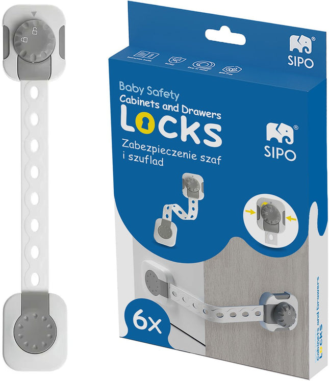 SIPO Loquet de sécurité pour Placards et Tiroirs - 6 Pièces - Sécurité Enfant Multifonctionnelle avec Verrou Intelligent - Blanc - Réglable -