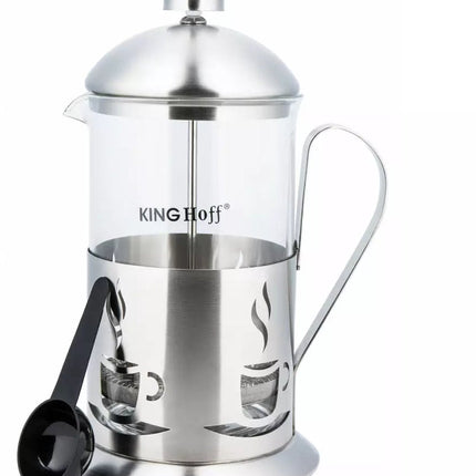 Kinghoff Théière en Verre et Inox - 0,8 Litre - Pour un Thé et un Café Savoureux - Compatible Lave-vaisselle - Cafetière à Piston