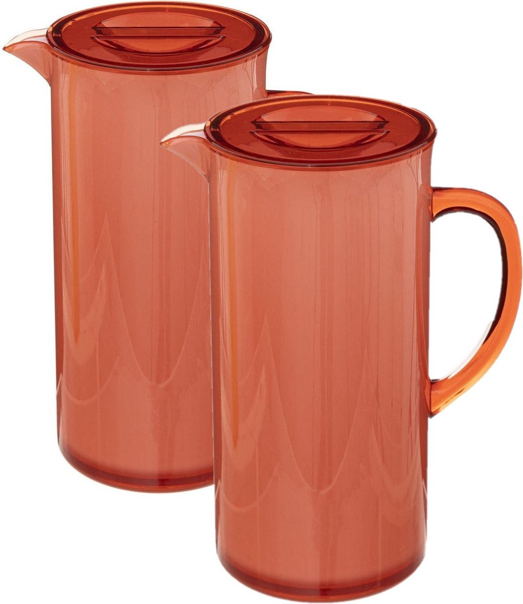 Set van 2x Saftkrug/Gießkanne Karaffen mit Deckel 1950 ml rot - Format: 18 x 10,5 x 25 cm - Material: Kunststoff