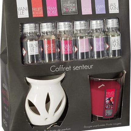 Bougie parfumée - brûleur d'huiles essentielles + 6 flacons d'huiles parfumées - huile parfumée - vanille - rose - jasmin - framboise - lavande - fruits rouges