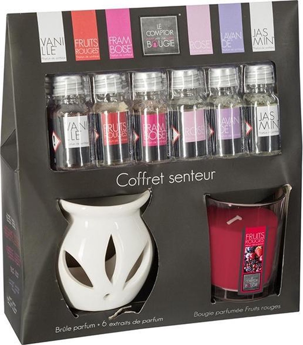Geurkaars - olie brander + 6 flesjes parfum olie - geurende olie - vanille - roos - jasmijn - framboos - lavendel - rood fruit