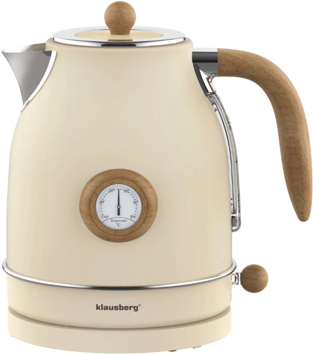 Klausberg KB-9006 Waterkoker 1.7 Liter Retro Design - Analoge Thermometer - 2200W - Ronddraaiende Basis 360° - Roestvrijstaal 304