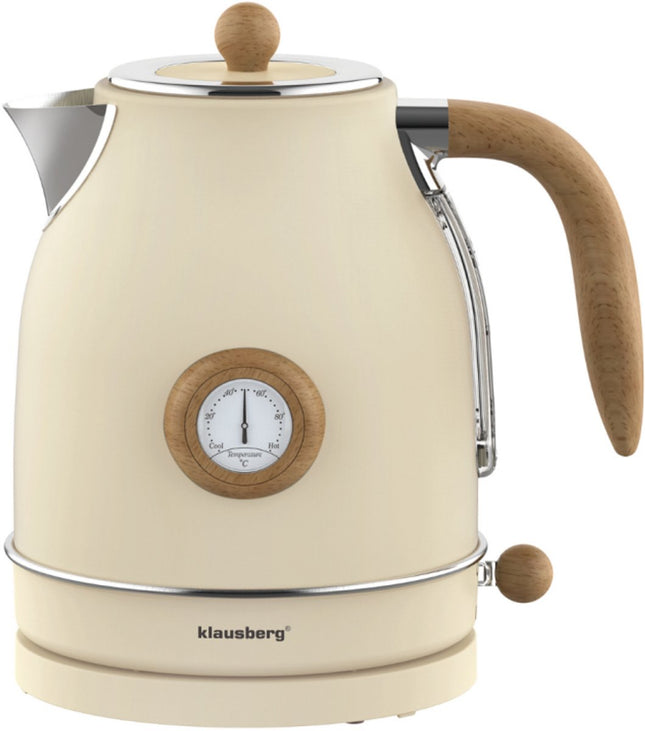 Klausberg KB-9006 Bouilloire 1,7 Litre Design Rétro - Thermomètre Analogique - 2200W - Base Rotative 360° - Acier Inoxydable 304