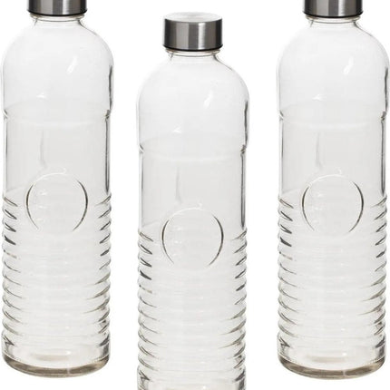 Lot de 3 bouteilles d'eau/gourdes de 1 litre en verre trempé côtelé - Bouteilles à boire en verre
