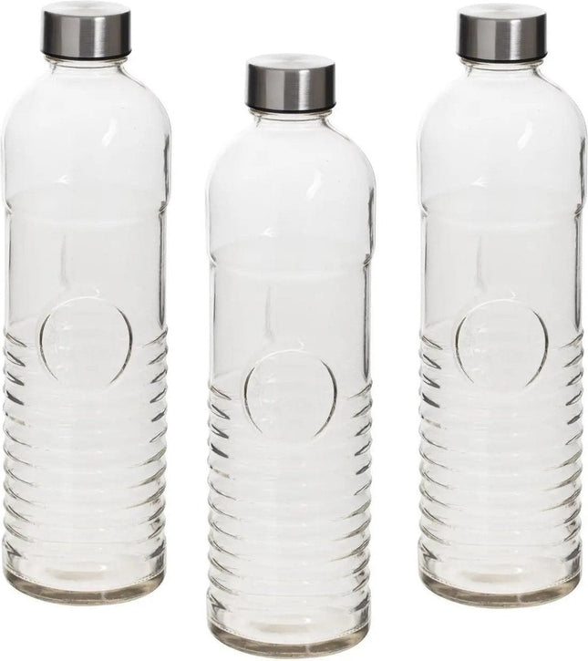 Lot de 3 bouteilles d'eau/gourdes de 1 litre en verre trempé côtelé - Bouteilles à boire en verre