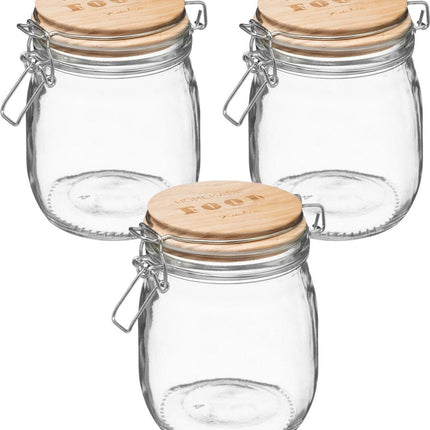 3x bocaux de conservation 0,75L en verre avec couvercle en bois et fermeture à étrier - 750 ml - Bocaux de conservation avec fermeture hermétique