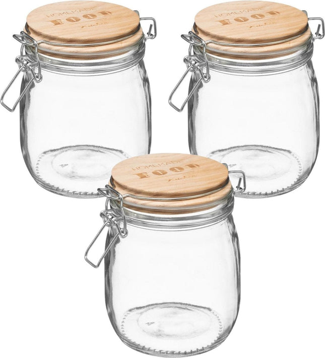 3x bocaux de conservation 0,75L en verre avec couvercle en bois et fermeture à étrier - 750 ml - Bocaux de conservation avec fermeture hermétique
