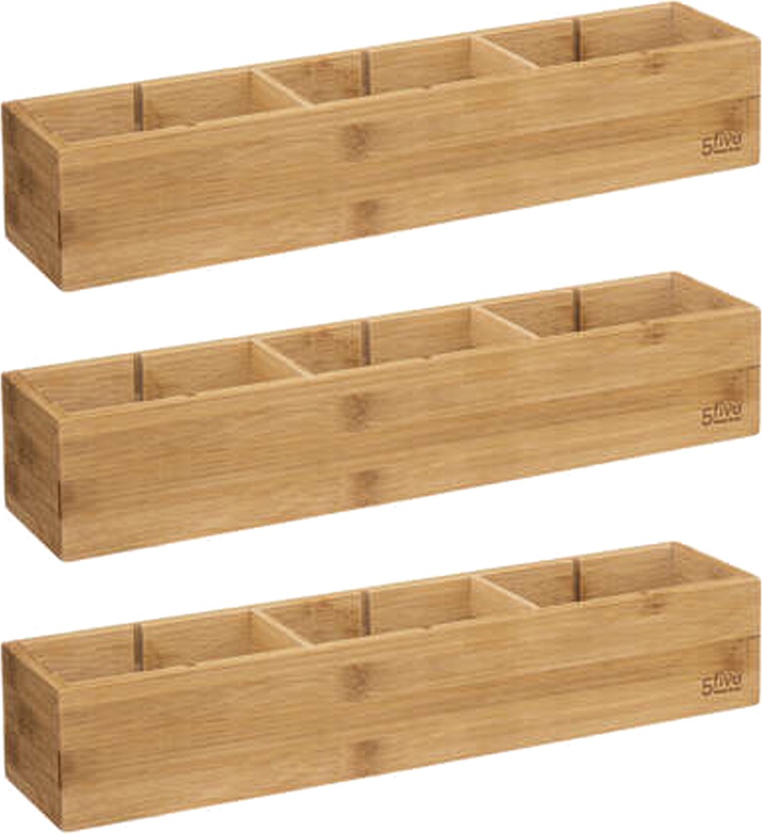 5Five Drawer/cabinet/bathroom organizer - 3x - 3 compartments - L38 x W8 x H7 cm - bamboo wood - light brown - removable dividers