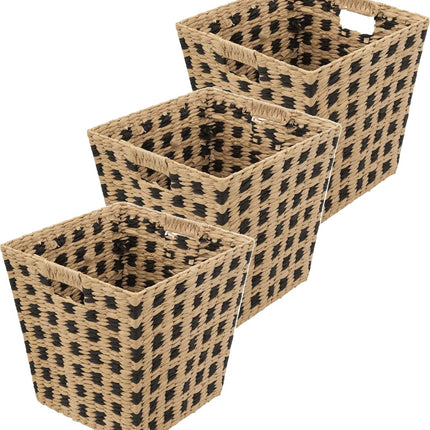 Panier de rangement en osier tressé - 3x - carré - beige/noir - 31x31x31 cm - Paniers de rangement pour placard/salle de bain