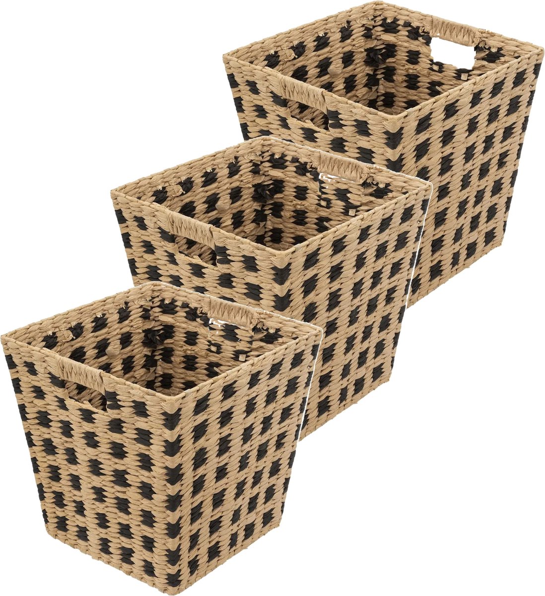 5Five gevlochten rieten opbergmand, 3 stuks – vierkant, beige/zwart, 31 cm